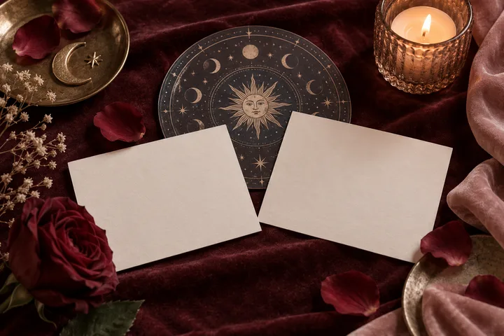 Two blank cards lie on burgundy fabric in front of a circular sun and moon illustration, with a candle, rose petals and roses nearby.
