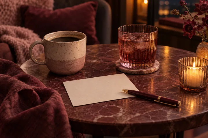 A blank card and pen sit on a marble table beside a coffee mug, a glass, and a lit candle.