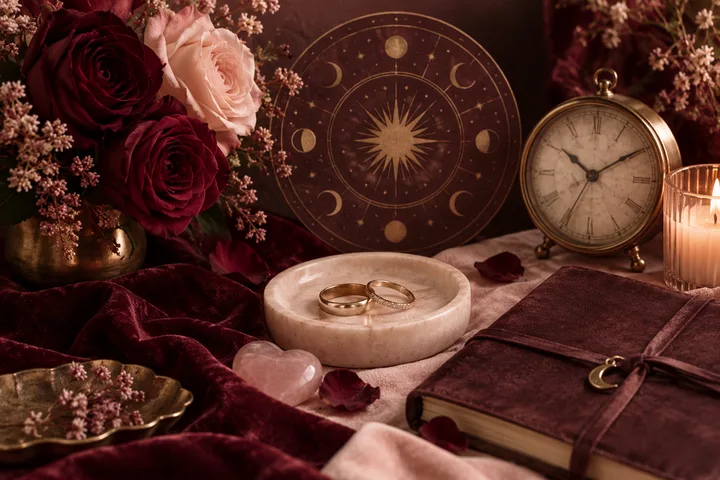 Two rings in a marble dish beside red and pink roses, a circular moon-and-star design, an antique clock, a lit candle, a pink stone, and a closed book on burgundy fabric.