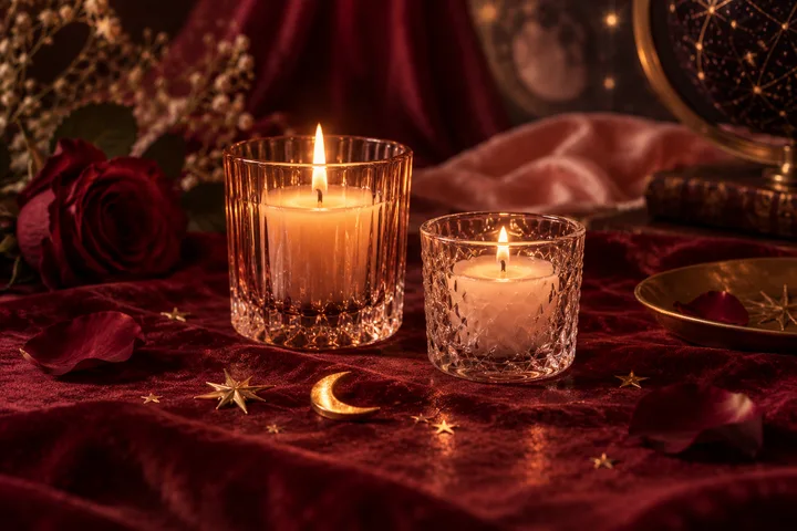 Two lit candles in faceted glass holders sit on burgundy fabric beside a red rose, scattered petals, gold star and crescent ornaments, and a shallow dish.