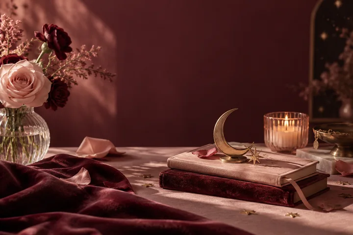 A vase of pink and burgundy roses beside stacked books topped with a brass crescent moon and star, with a lit candle and burgundy fabric on the table.