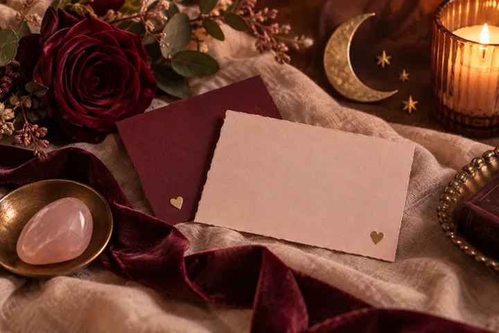 A burgundy rose and blank cards with small gold hearts sit beside a crescent moon ornament and a lit candle.