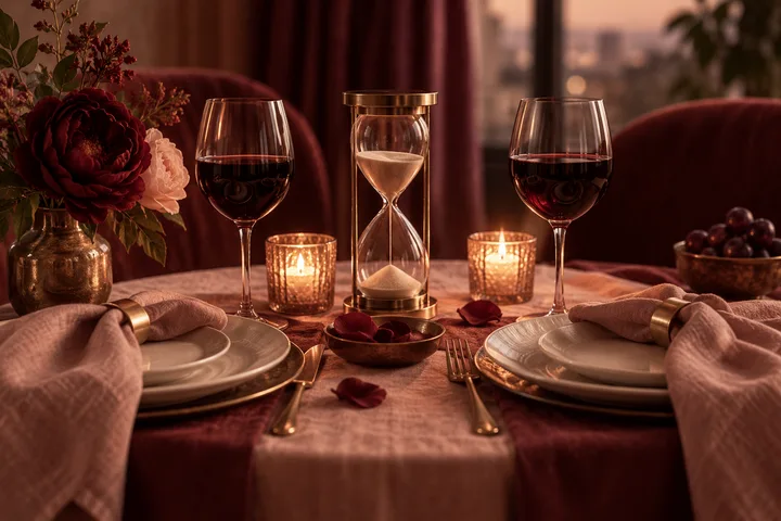 A candlelit table set with two wine glasses, an hourglass, plates, rose petals, and flowers.