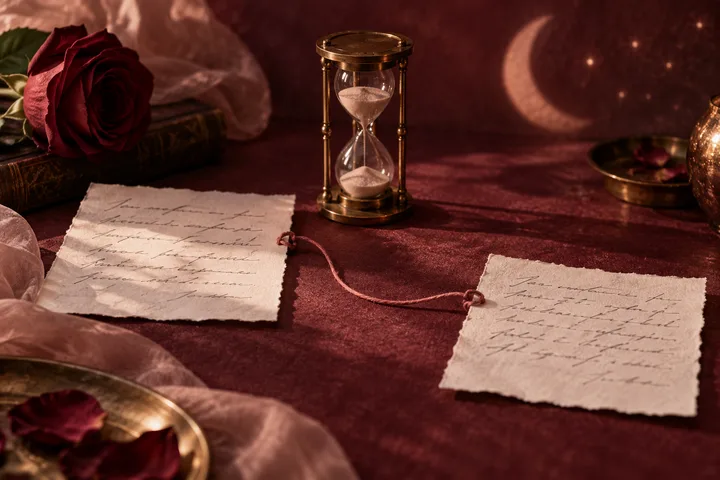 A brass hourglass stands between two handwritten notes on a burgundy table, with a dark red rose and a crescent moon in the background.