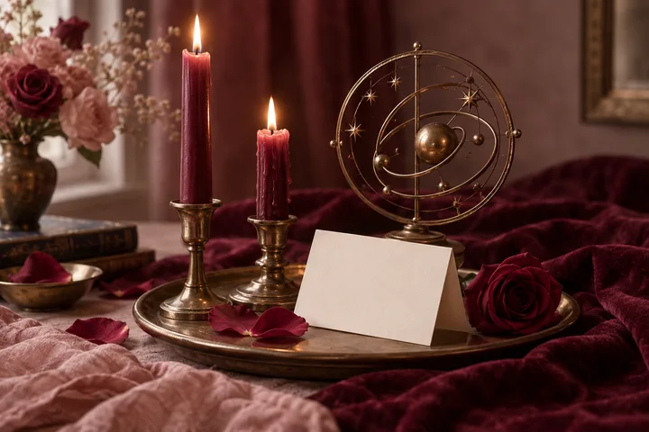 Two lit burgundy candles, roses, and a brass armillary sphere sit on a velvet-covered table beside a blank card.