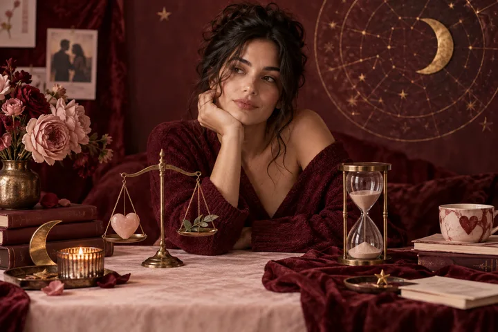 A dark-haired person rests her chin on one hand at a burgundy-draped table with a heart-and-leaf balance scale, an hourglass, flowers, and a crescent moon against a starry backdrop.
