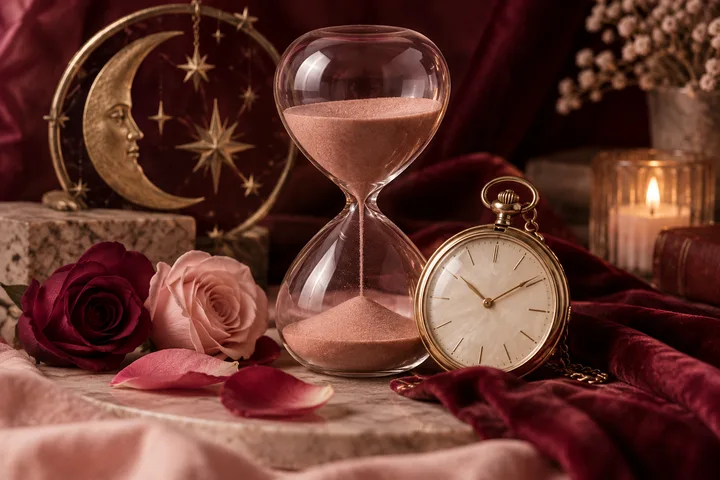 A crescent moon ornament, hourglass, pocket watch, roses, and lit candle arranged on burgundy and pink fabric.