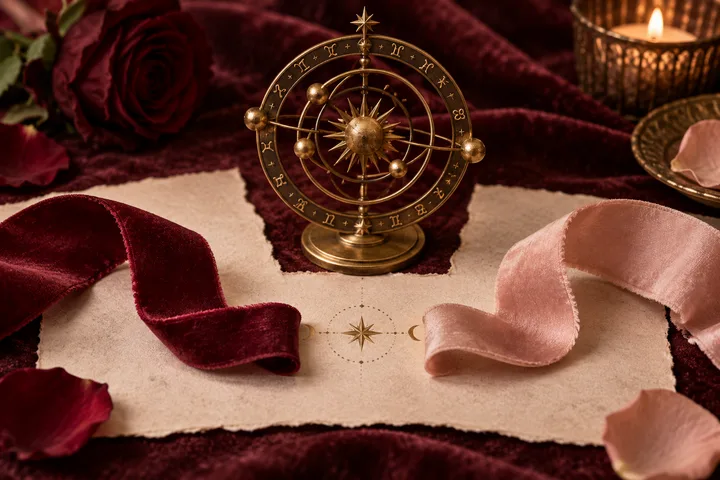 A brass celestial wheel stands on parchment between burgundy and blush ribbons, with roses and a lit candle nearby.