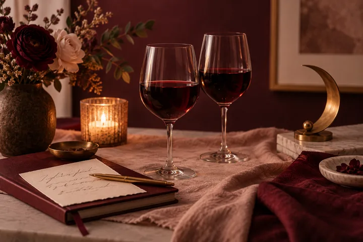 Two glasses of red wine sit on a draped table beside a lit candle, flowers, a handwritten note with a pen, and a gold crescent sculpture.