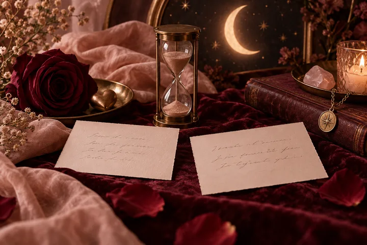 A dark red rose, an hourglass, and two handwritten cards sit among burgundy fabric, books, flowers, a candle, and a crescent moon backdrop.