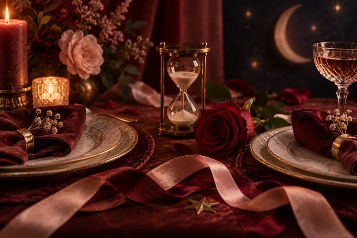 A candlelit table with plates, burgundy napkins, a rose, an hourglass and a crescent moon in the background.