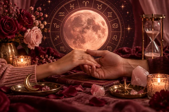 Two hands touch over a burgundy-covered table, with a large moon and zodiac symbols behind them; roses, lit candles, an hourglass, crystals, and a crescent-shaped dish surround the scene.