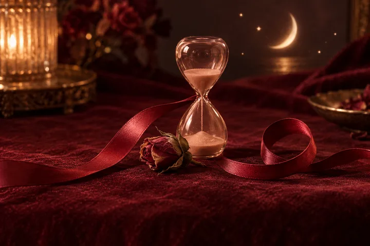 A glass hourglass and dried rose sit on burgundy fabric beside a looping red ribbon, with a glowing candle and crescent moon in the background.