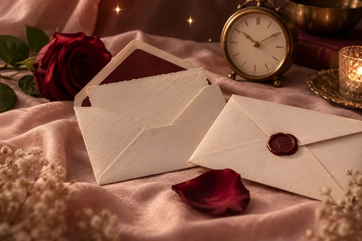 An open blank envelope and a heart-sealed envelope rest on pink satin beside a red rose, a clock, and a candle.