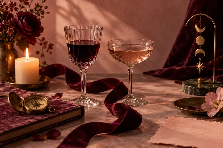 A lit candle and two filled glasses sit beside a brass compass on a closed book, with burgundy ribbon, flowers, and a hanging moon-phase ornament.