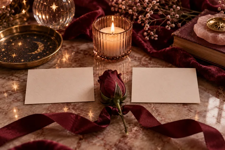 A burgundy rose and ribbon lie between two blank cards, beside a lit candle, a star-patterned dish, and stacked books.