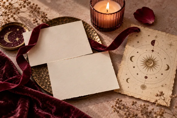 Two blank cream cards rest on a brass tray beside a lit candle, burgundy ribbon, a small moon-and-star dish, and a paper with a circular sun, moon, and star design.