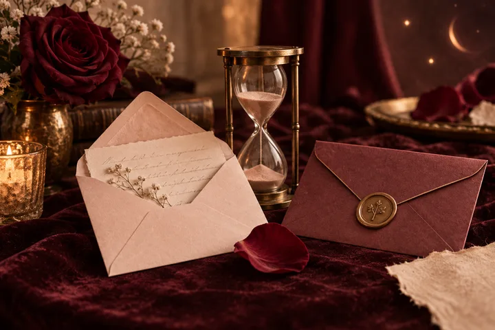 An open blush envelope with a handwritten note sits beside a sealed burgundy envelope and an hourglass, with roses, candlelight, and a crescent moon in the background.