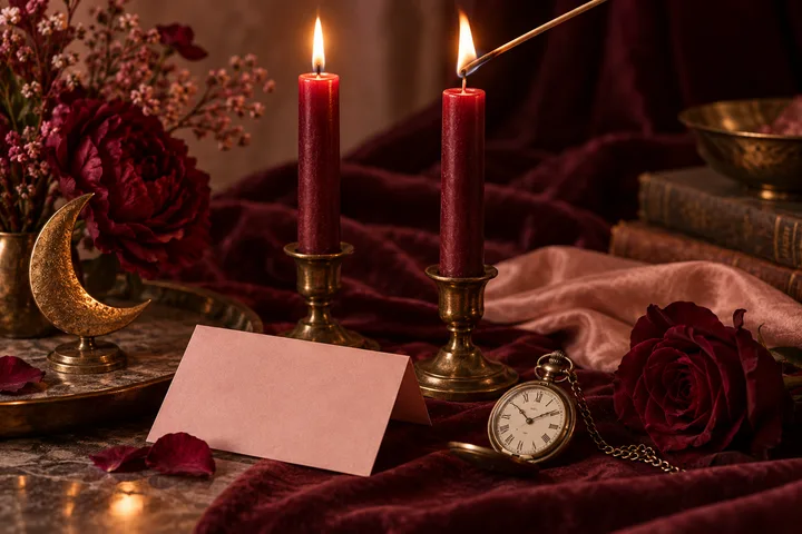 Two burgundy candles, one being lit, beside a brass crescent moon, a blank card, a pocket watch, and a red rose on draped velvet.