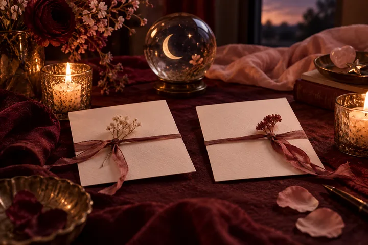 Two ribbon-tied cards with dried flowers sit on burgundy fabric beside candles and a glass orb with a crescent moon.