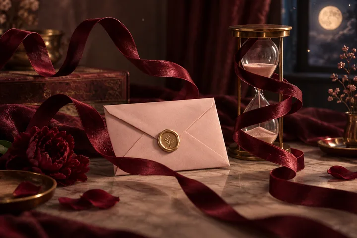 A pale pink envelope with a gold wax seal sits among looping burgundy ribbon, a brass hourglass, and a dark red flower, with a full moon visible through a window.
