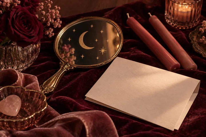 An oval hand mirror decorated with a crescent moon and stars rests beside blank paper, two candles, a red rose, and pink flowers on burgundy velvet.