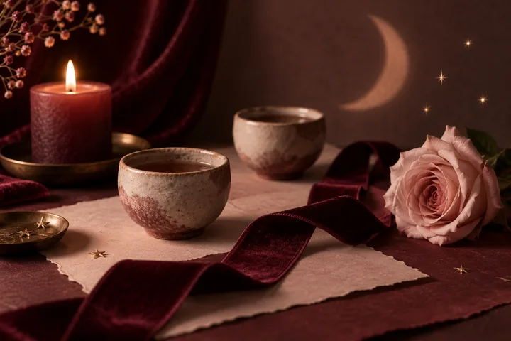A lit burgundy candle, two ceramic cups, a pink rose, and velvet ribbon beneath a crescent moon and stars.