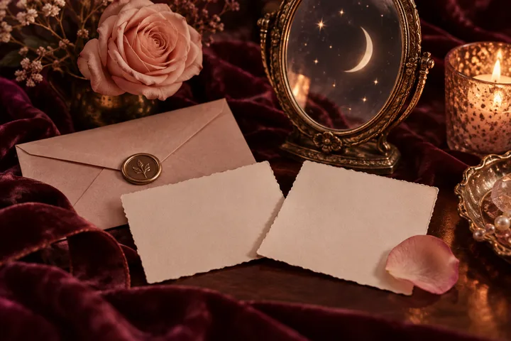 A pink rose and sealed envelope sit beside two blank cards, a crescent moon in an ornate mirror, and a lit candle on burgundy velvet.