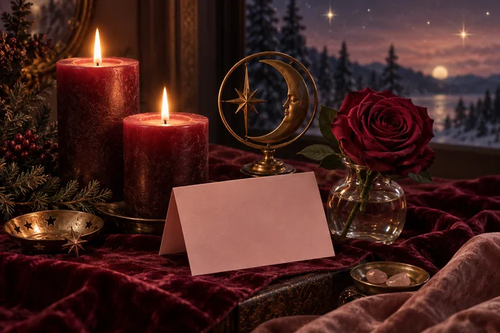 Two lit red candles, a brass crescent moon and star ornament, and a red rose in a glass vase sit on burgundy fabric beside a blank folded card; a snowy landscape is visible through the window.