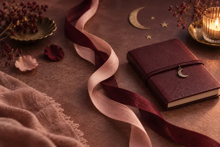 A burgundy notebook with a crescent pendant lies beside winding pink and burgundy ribbons, crescent and star ornaments, dried flowers, and a lit candle.