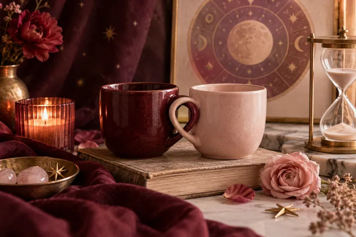 Two ceramic mugs sit together beside a candle, flowers, an hourglass and a framed moon illustration.