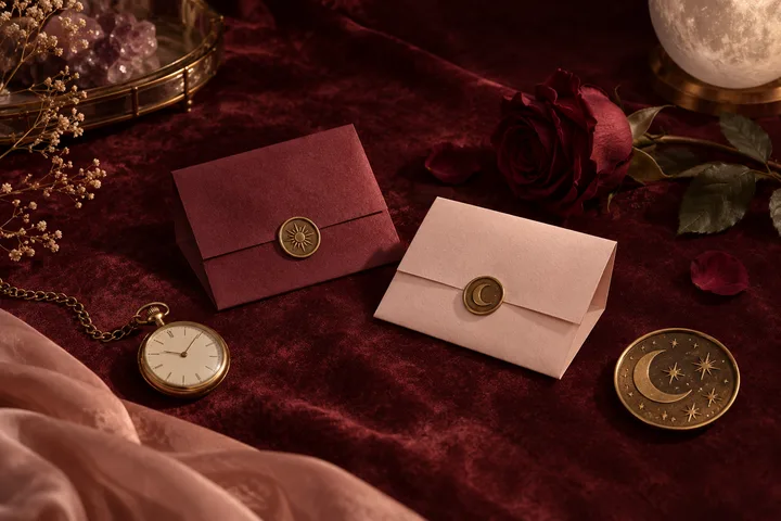 Burgundy and blush envelopes with sun and crescent moon seals sit beside a pocket watch and starry moon medallion, with a red rose and soft draped fabric.
