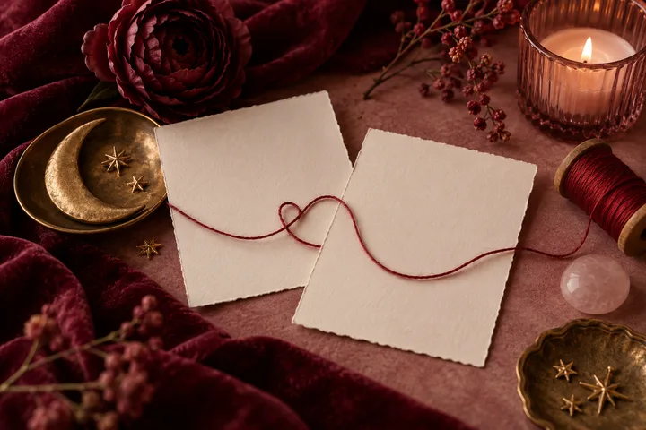 Two blank torn-edge cards are crossed by red thread beside a burgundy rose, a lit candle, a crescent-shaped dish, a thread spool, and a pink stone.