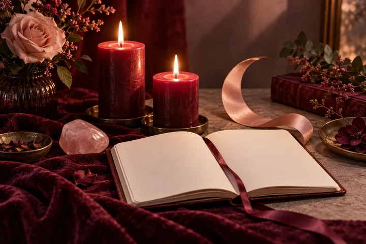 An open blank journal sits among two lit red candles, a pink rose, a rose-colored crescent ornament, and burgundy fabric.