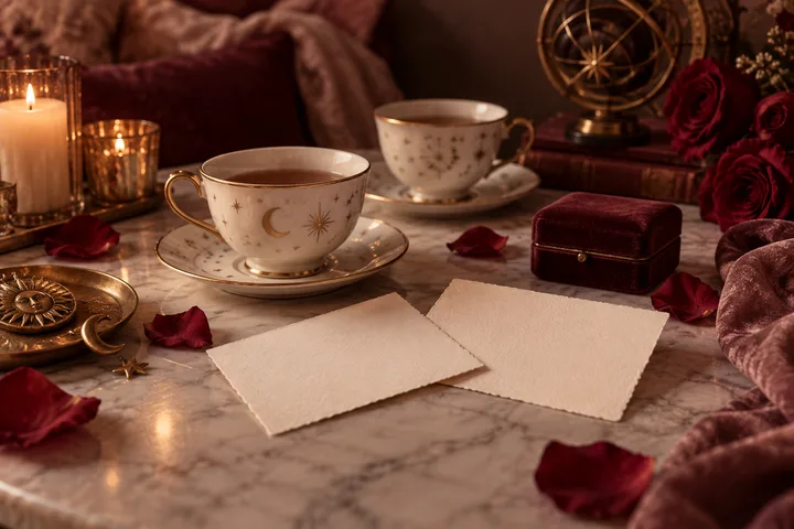 Two cream cups with celestial patterns sit on a marble table beside candles, brass sun and moon ornaments, red roses, a burgundy box, rose petals, and two blank cards.