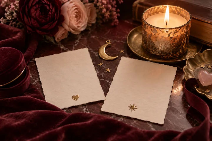 Two blank paper cards with a gold heart and sunburst charm sit on a marble surface beside a candle, roses, a crescent moon and small stars.