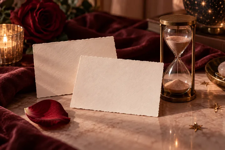 Two blank paper cards sit beside a brass hourglass, candle, red rose and scattered star-shaped ornaments on burgundy fabric.