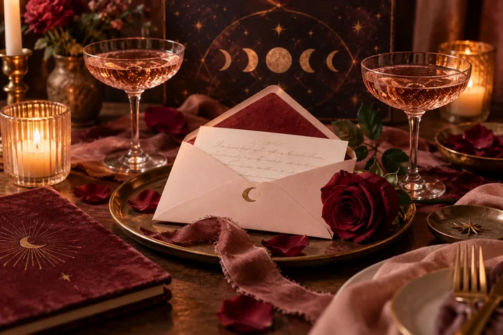 An open envelope with a handwritten note and crescent-moon seal rests beside a red rose, two coupe glasses, candles, and a moon-phase backdrop.