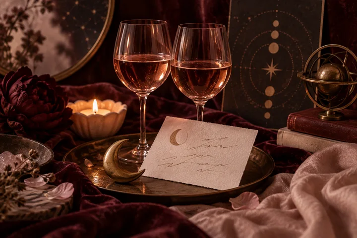 Candlelit still life with two glasses, a crescent-shaped ornament, flowers, and a handwritten card beside a brass armillary sphere.