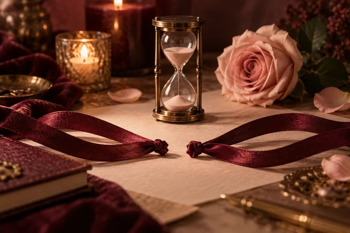 A brass hourglass and pink rose sit on parchment, framed by burgundy ribbons, a candle, and a closed book.