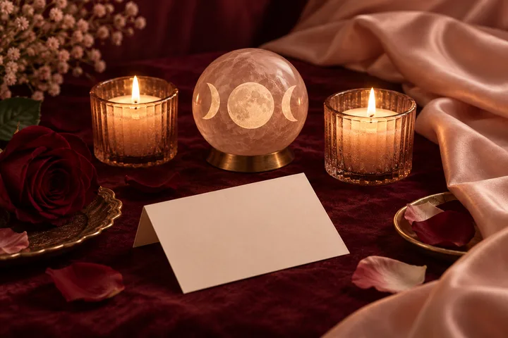 Two lit candles flank a glowing moon sphere on burgundy fabric, with roses, petals, and a blank card in the foreground.