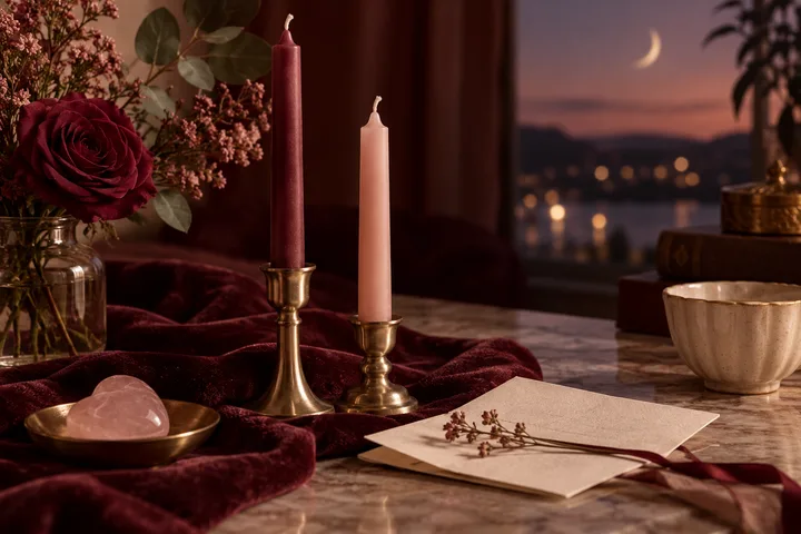 A burgundy rose, two unlit candles, a pink stone in a brass dish, and papers with a dried sprig sit on velvet beside a window with a crescent moon and distant lights.