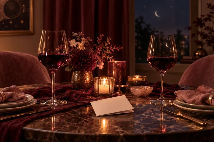 Candlelit table with two wine glasses, flowers, a blank card, and a crescent moon visible through the window.
