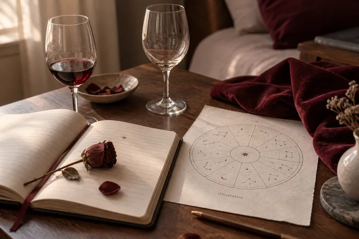 An open journal, dried rose, and illustrative zodiac wheel sit beside two wine glasses, one untouched, in a burgundy-lit room.