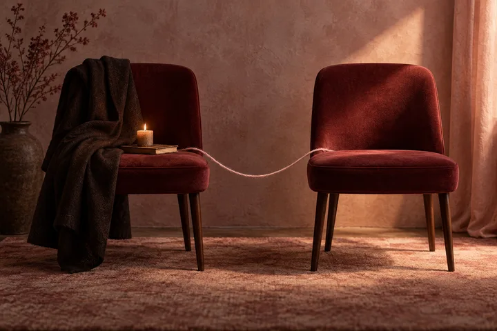 Two burgundy chairs sit apart with a loose thread between them; a candle and folded coat rest on the left chair.