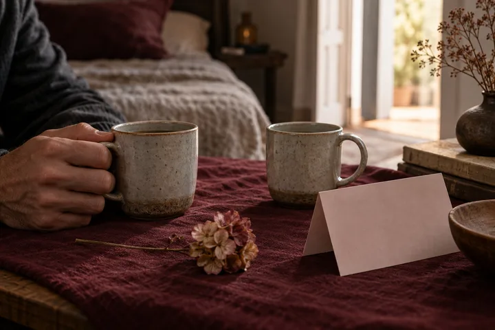 A man's hand holds one ceramic mug beside a second mug, dried flowers, and a blank card on a burgundy-covered bed.