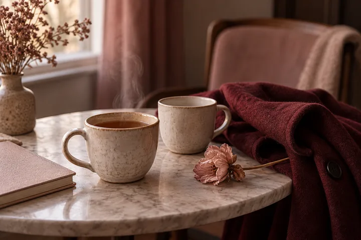 Two steaming ceramic cups sit apart on a marble table beside a closed journal, dried flower, and burgundy coat.