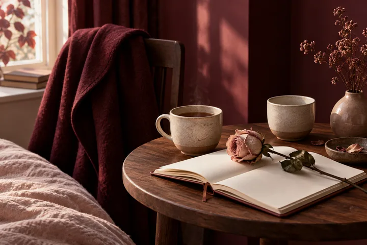 An open journal and dried rose lie beside two ceramic cups on a wooden table, with a burgundy chair and sunlit bedroom behind them.