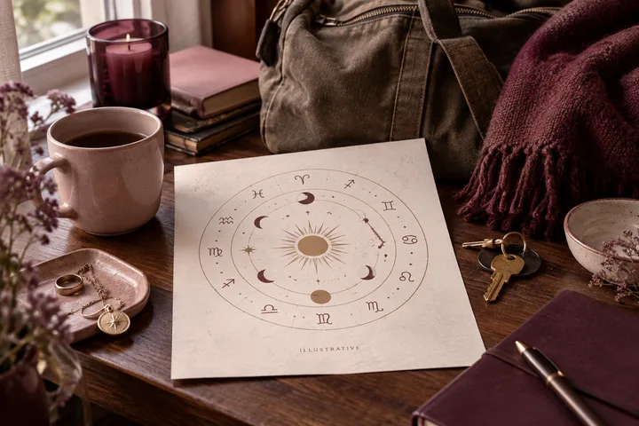 Burgundy-and-blush still life with an illustrative zodiac wheel marked illustrative, an overnight bag, house keys, coffee, and a journal, framing home, intimacy, and relationship boundaries.