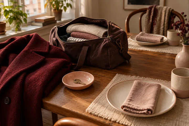 An open burgundy overnight bag, folded clothes, and a single key on a dining table, illustrating temporary shelter and the limit between hospitality and housing access.